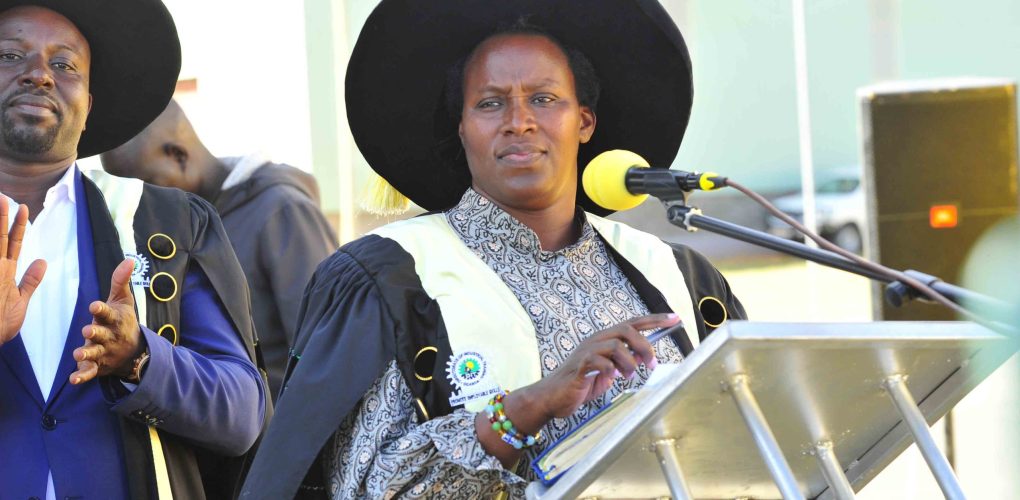 The State House Comptroller Jane Barekye delivers her remarks during the 1st graduation of the Presidential Initiative for Zonal Industrial Parks for Skills Development, Value Addition and Wealth creation at the Lokitodad Village, Matany Sub County, Napak District.